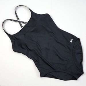 Speedo Women's Black One Piece Swimsuit White Trim Criss-Cross Straps Size 16